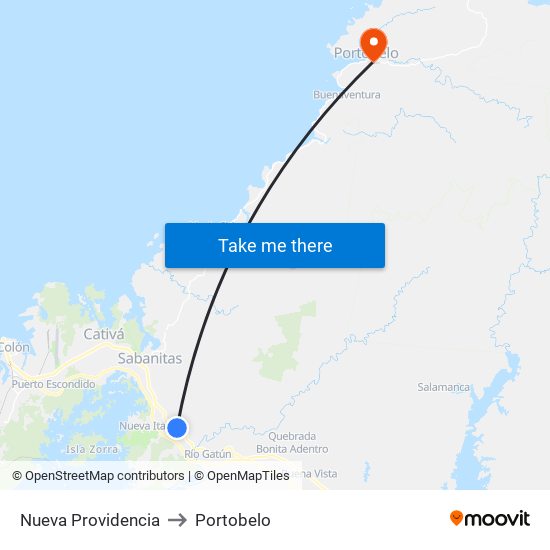 Nueva Providencia to Portobelo map