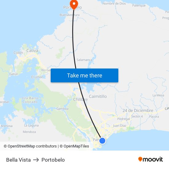 Bella Vista to Portobelo map