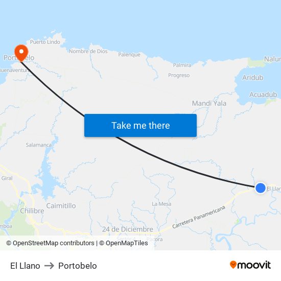 El Llano to Portobelo map