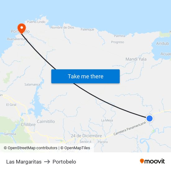 Las Margaritas to Portobelo map