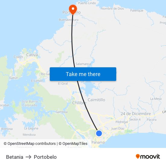 Betania to Portobelo map