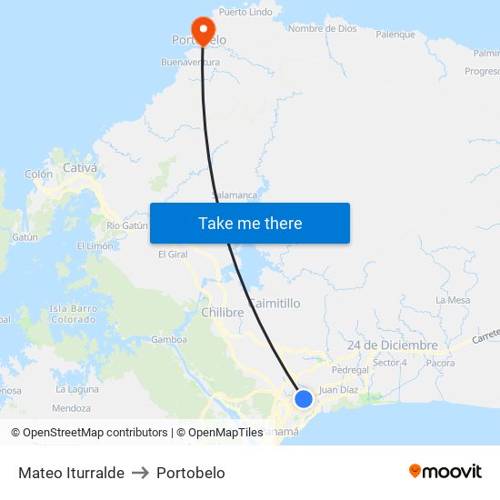 Mateo Iturralde to Portobelo map