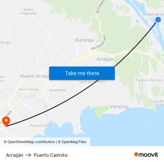 Arraiján to Puerto Caimito map