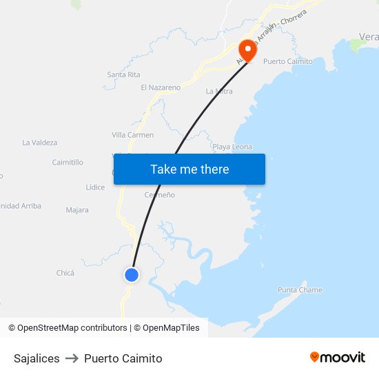 Sajalices to Puerto Caimito map