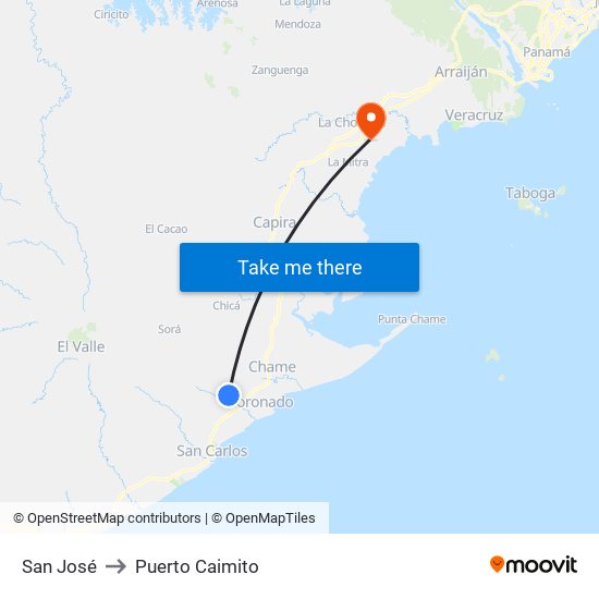 San José to Puerto Caimito map