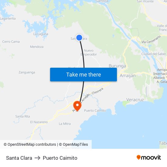 Santa Clara to Puerto Caimito map