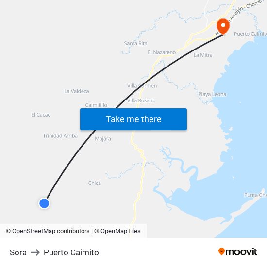 Sorá to Puerto Caimito map