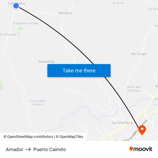 Amador to Puerto Caimito map