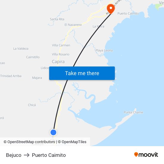 Bejuco to Puerto Caimito map