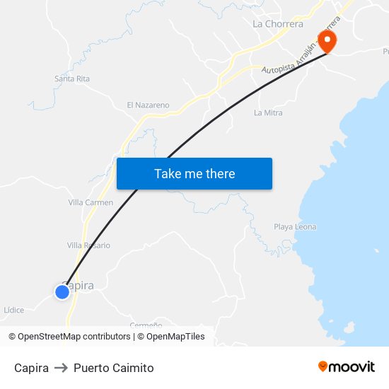 Capira to Puerto Caimito map