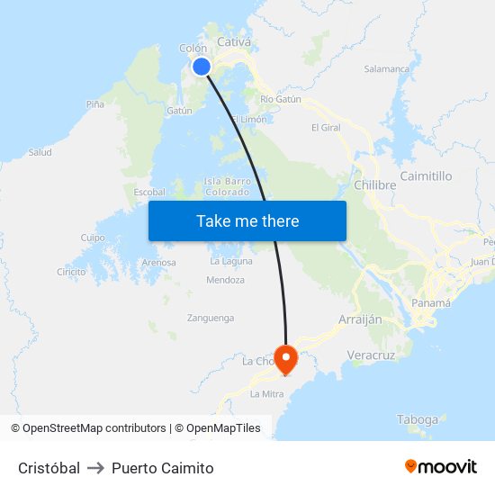 Cristóbal to Puerto Caimito map