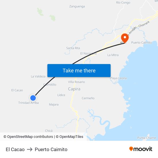 El Cacao to Puerto Caimito map