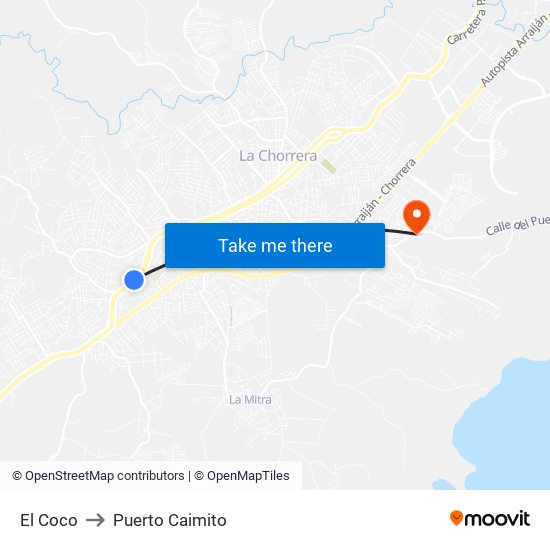 El Coco to Puerto Caimito map