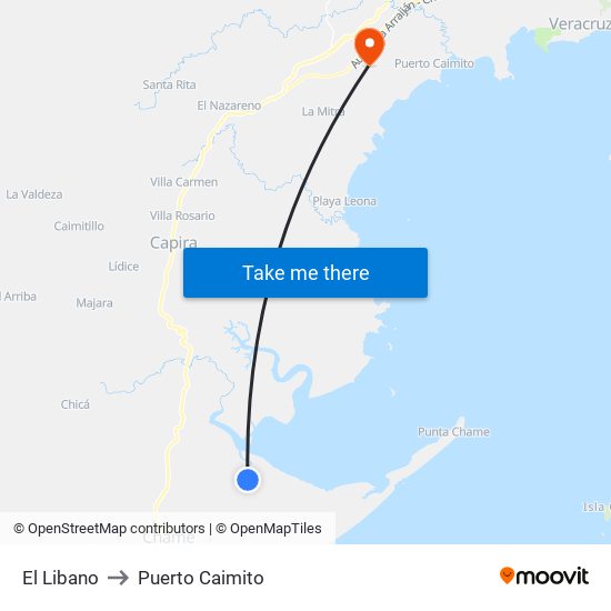 El Libano to Puerto Caimito map