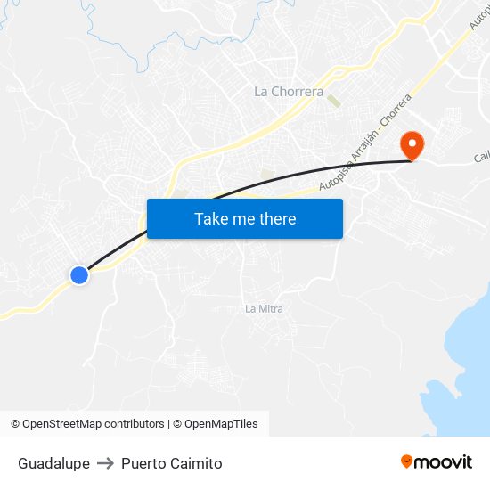 Guadalupe to Puerto Caimito map