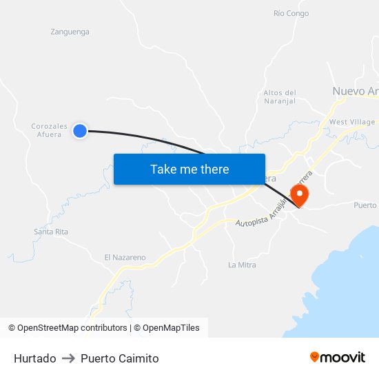 Hurtado to Puerto Caimito map