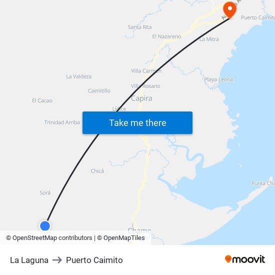 La Laguna to Puerto Caimito map