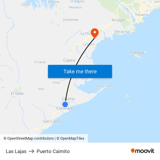 Las Lajas to Puerto Caimito map