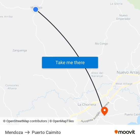 Mendoza to Puerto Caimito map