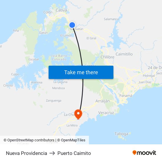 Nueva Providencia to Puerto Caimito map