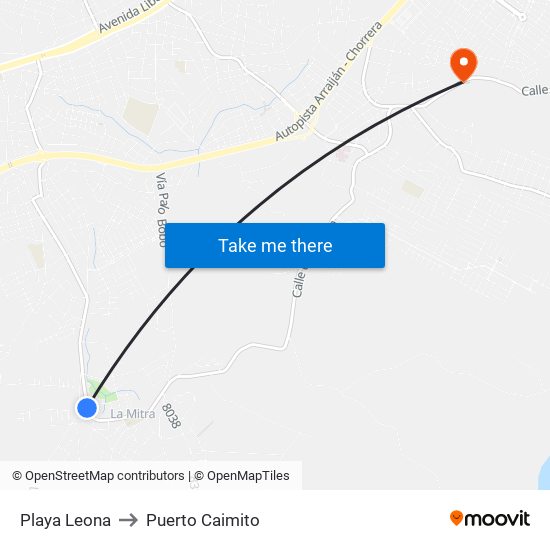 Playa Leona to Puerto Caimito map