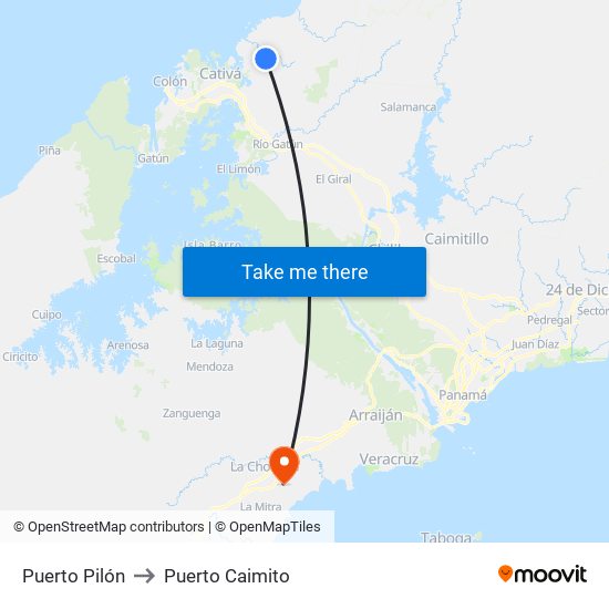 Puerto Pilón to Puerto Caimito map