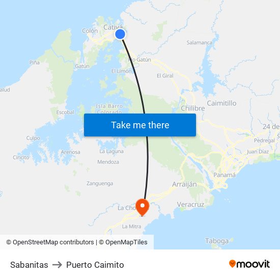 Sabanitas to Puerto Caimito map