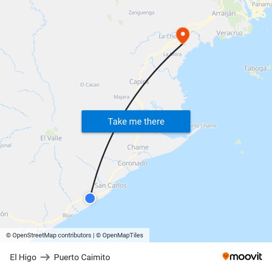 El Higo to Puerto Caimito map