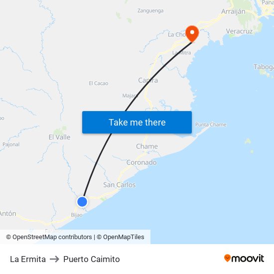 La Ermita to Puerto Caimito map