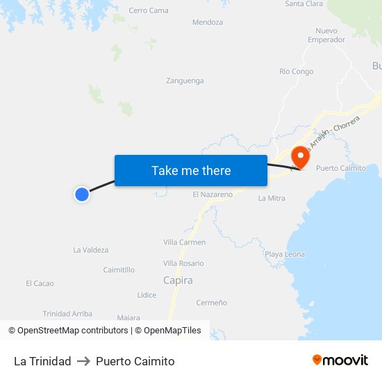 La Trinidad to Puerto Caimito map