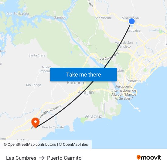 Las Cumbres to Puerto Caimito map