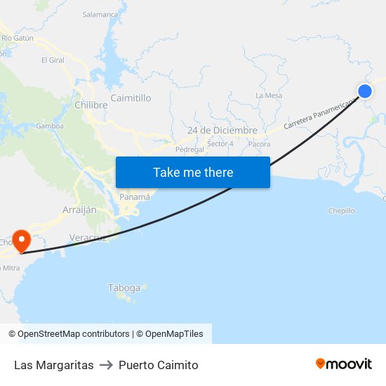 Las Margaritas to Puerto Caimito map