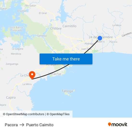 Pacora to Puerto Caimito map