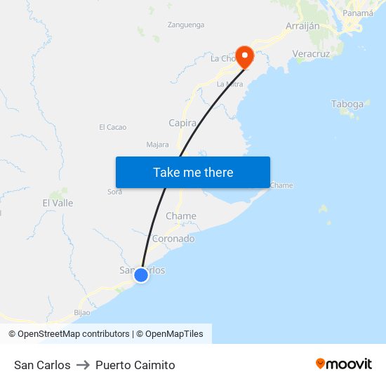 San Carlos to Puerto Caimito map