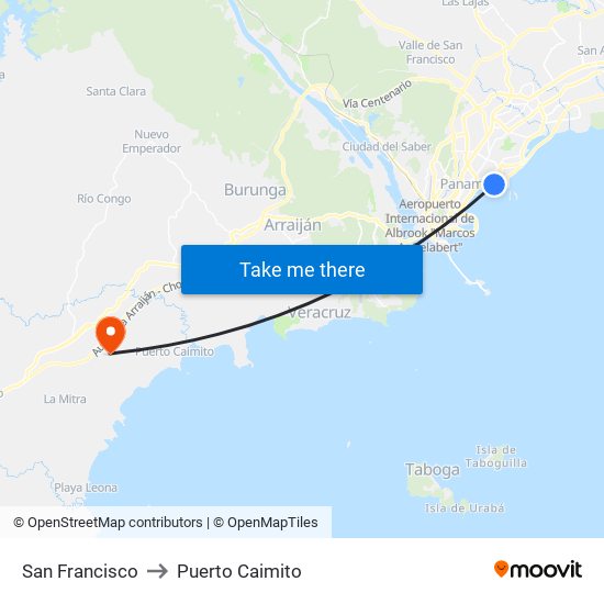 San Francisco to Puerto Caimito map