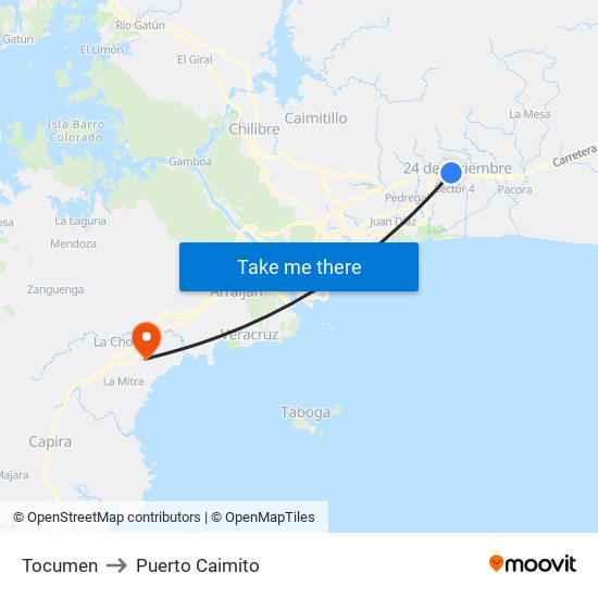 Tocumen to Puerto Caimito map