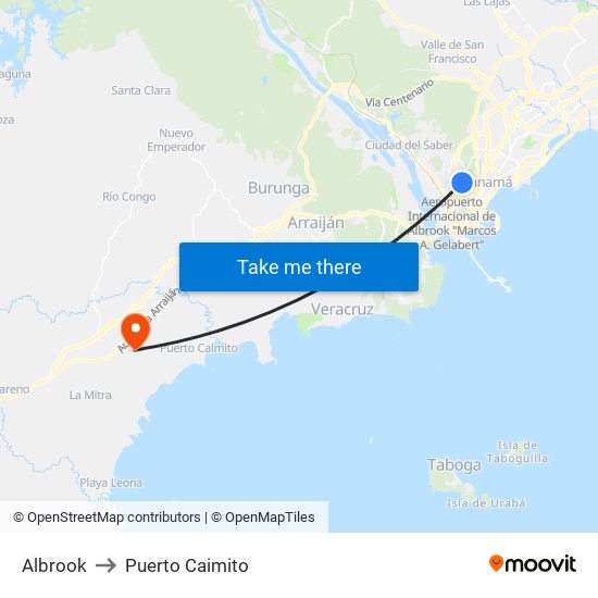 Albrook to Puerto Caimito map