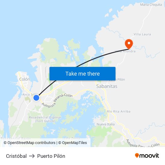 Cristóbal to Puerto Pilón map
