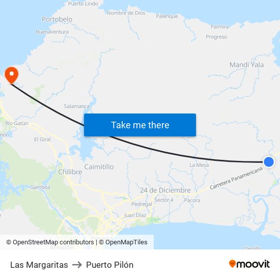 Las Margaritas to Puerto Pilón map