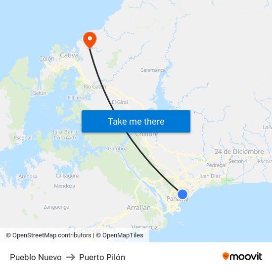 Pueblo Nuevo to Puerto Pilón map