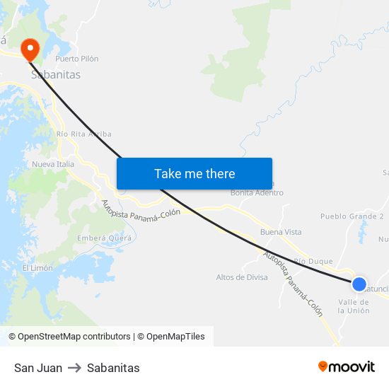 San Juan to Sabanitas map