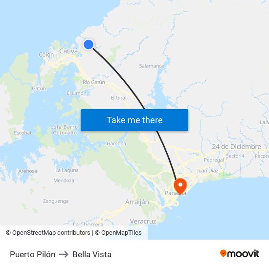 Puerto Pilón to Bella Vista map