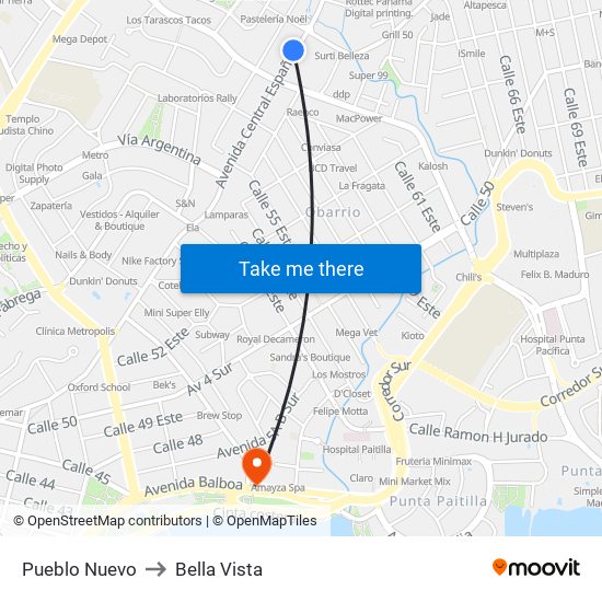 Pueblo Nuevo to Bella Vista map