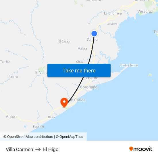Villa Carmen to El Higo map