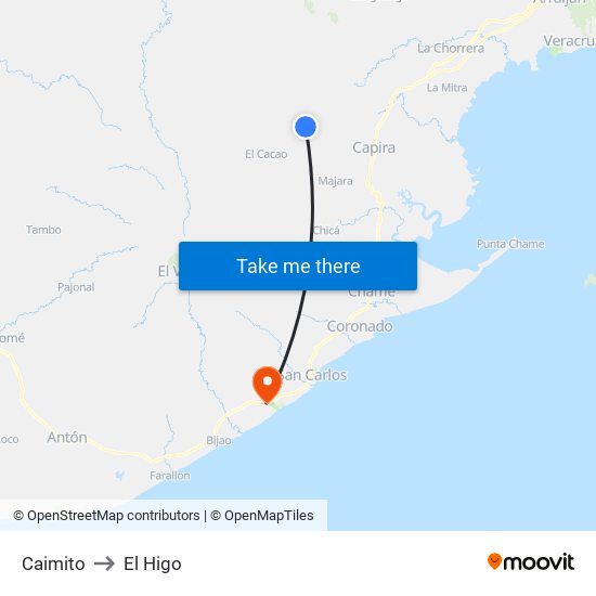 Caimito to El Higo map