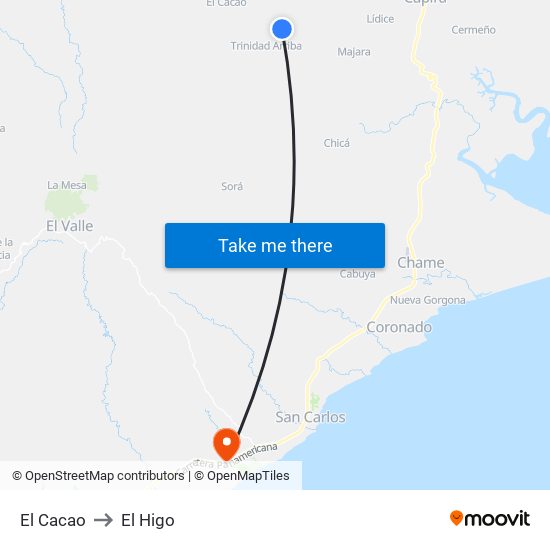 El Cacao to El Higo map