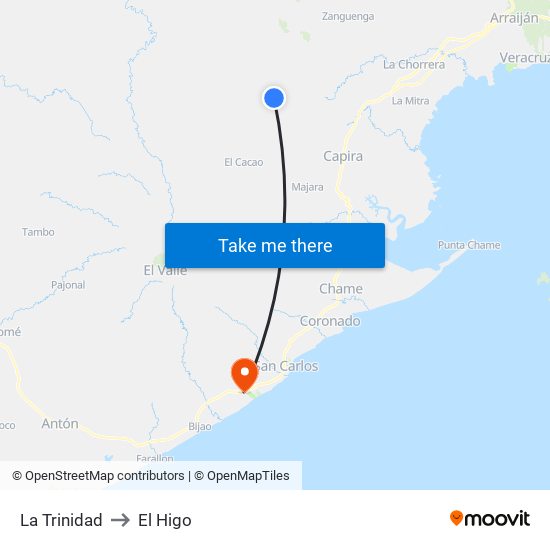 La Trinidad to El Higo map