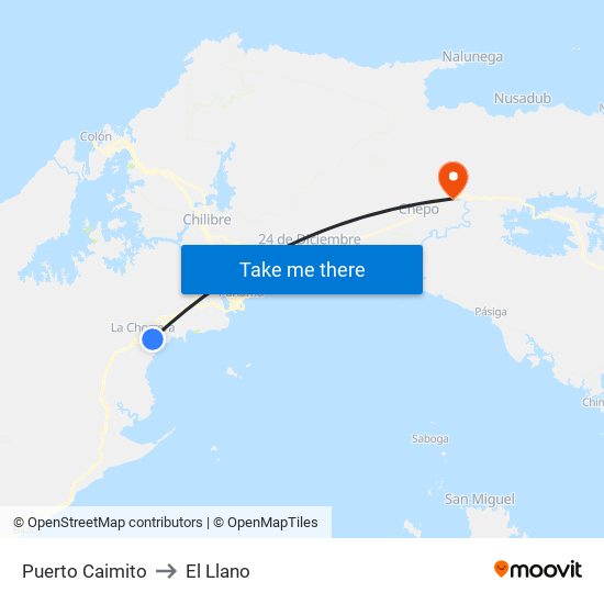 Puerto Caimito to El Llano map