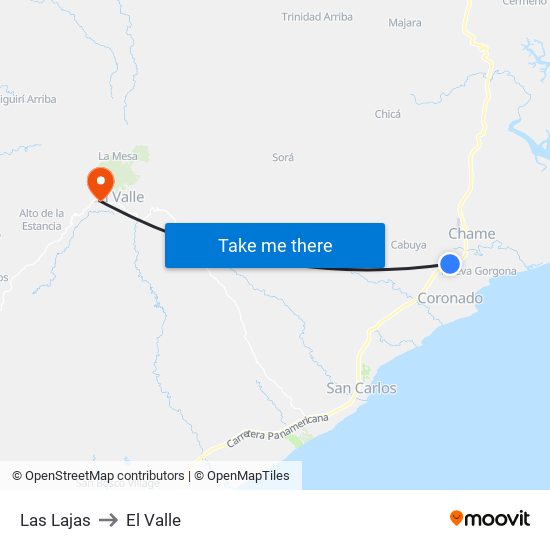 Las Lajas to El Valle map