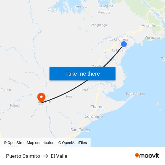 Puerto Caimito to El Valle map